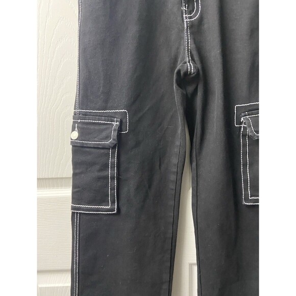 Telepatia  Wide Leg Cargo Jeans Juniors 9/29  Black White Stitch Pockets Hip Hop - Picture 3 of 8